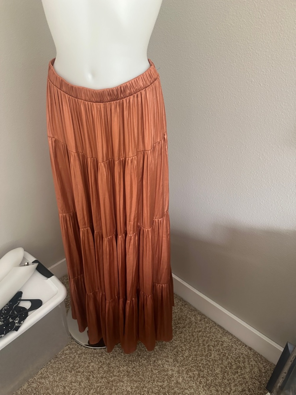 Philosophy Tiered Maxi Skirt in Rust Orange